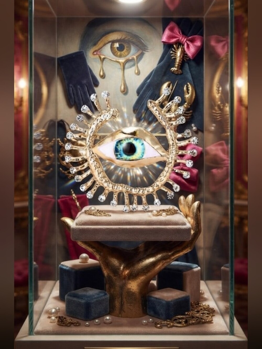 Gold Eyelash Eye Brooch with Blue Iris Accent